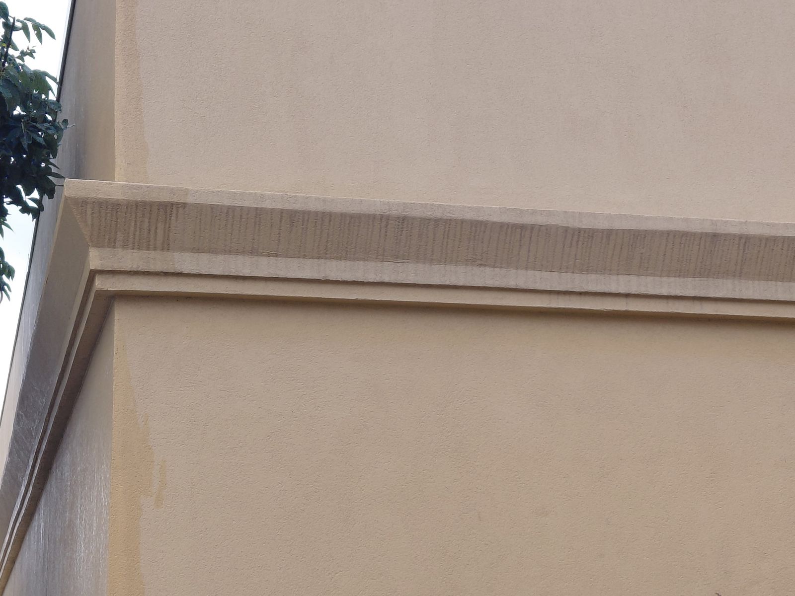 Stucco wall streaked with dirt and mold, before soft washing